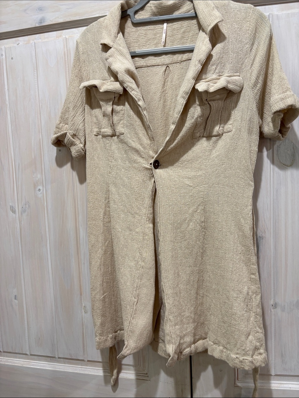 Casual Cream Short-Sleeve Button-Front Linen Blend Jacket